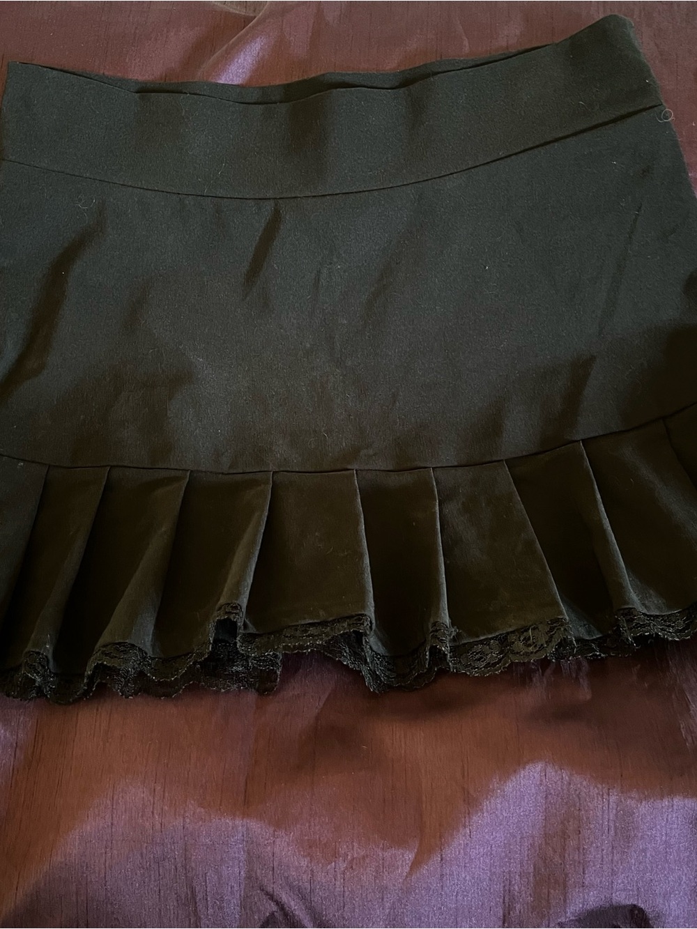 Women's Black Mini Skirt with Pleated Lace Hem